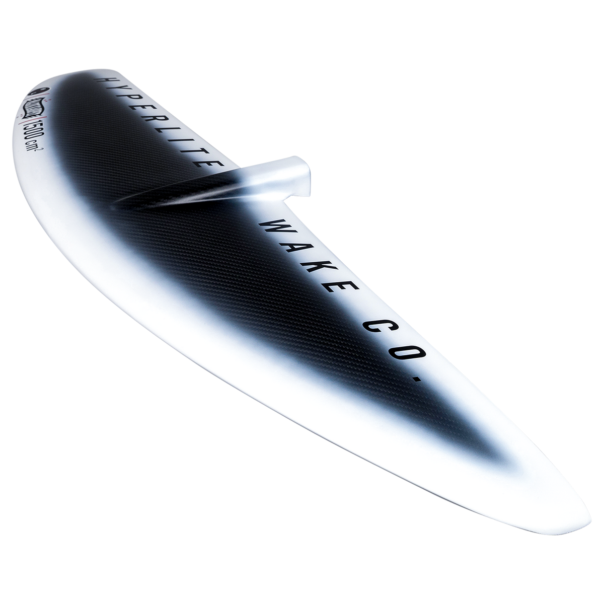 Side view of MK 1500 Front Wing in black/white, text Hyperlite Wake Co. Carbon construction.