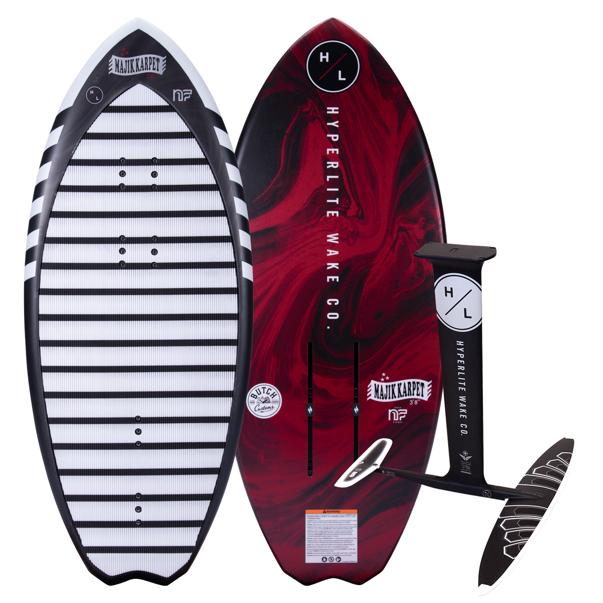 Top and base of wakeboard and a Majik Karpet foil board with red and black designs.
