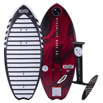 Top and base of wakeboard and a Majik Karpet foil board with red and black designs.