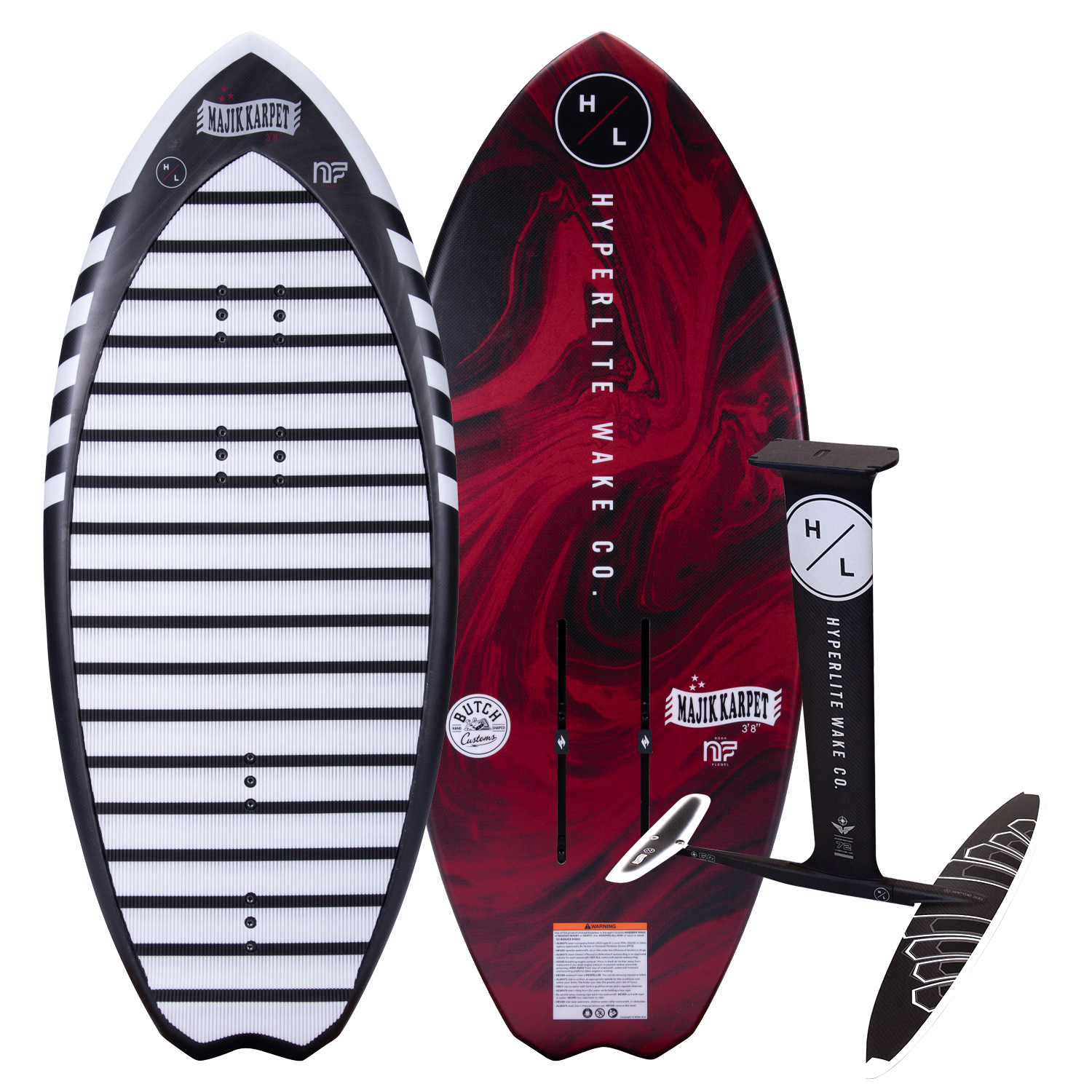 Top and base of wakeboard and a Majik Karpet foil board with red and black designs.