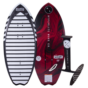 Top and base of wakeboard and a Majik Karpet foil board with red and black designs.