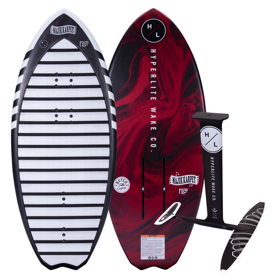 Top and base of wakeboard and a Majik Karpet foil board with red and black designs.