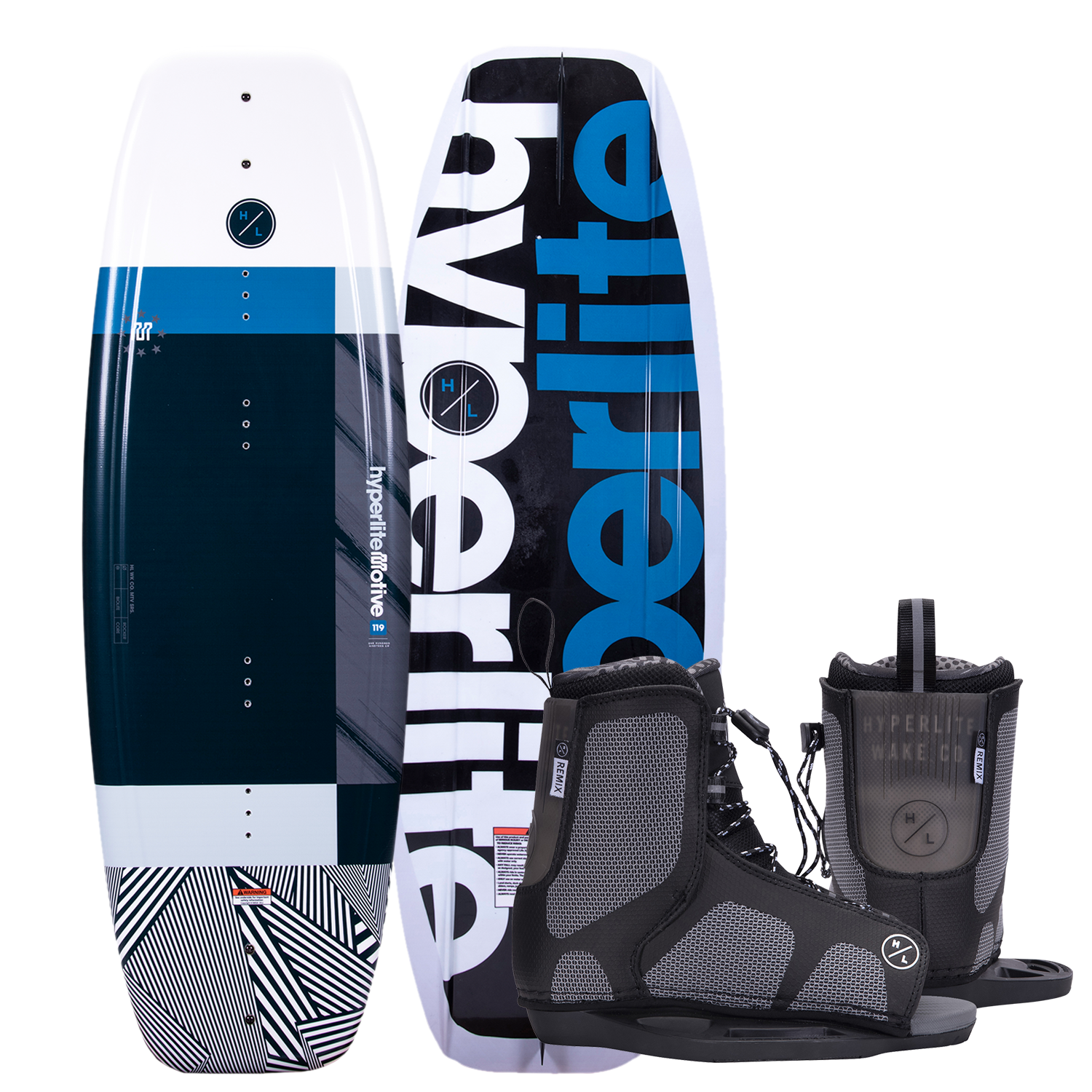 Motive Jr. wakeboard set with Kids Remix boots, great for beginners.