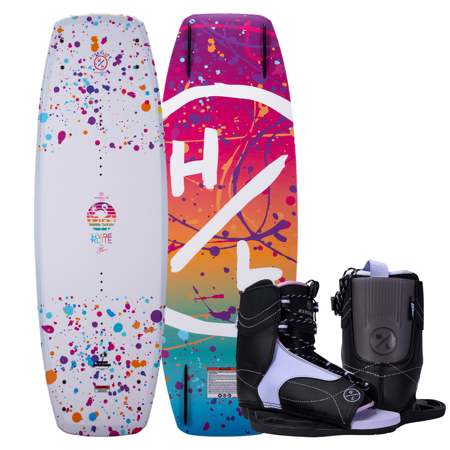 Colorful Murray Jr. Girls wakeboard, vibrant splatters, comes with Kids Jinx Binding boots.