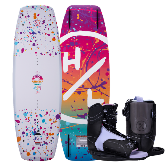 Colorful Murray Jr. Girls wakeboard, vibrant splatters, comes with Kids Jinx Binding boots.