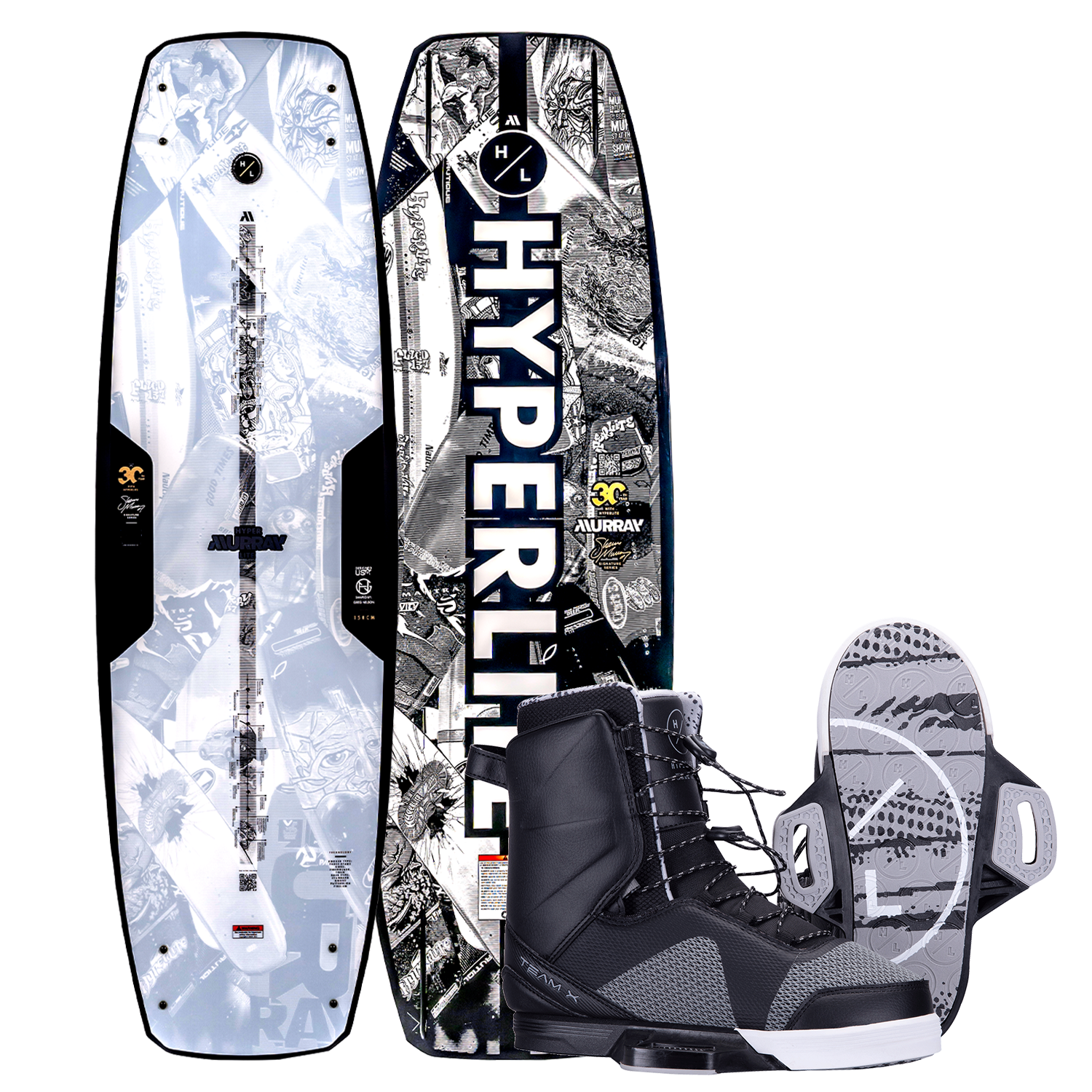Murray Pro w/Team X Bindings, black & white geometric design wakeboard.