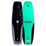 Top and base of wakeboard, both with Pleasure text and Woodlite Core, in black/gray and turquoise.