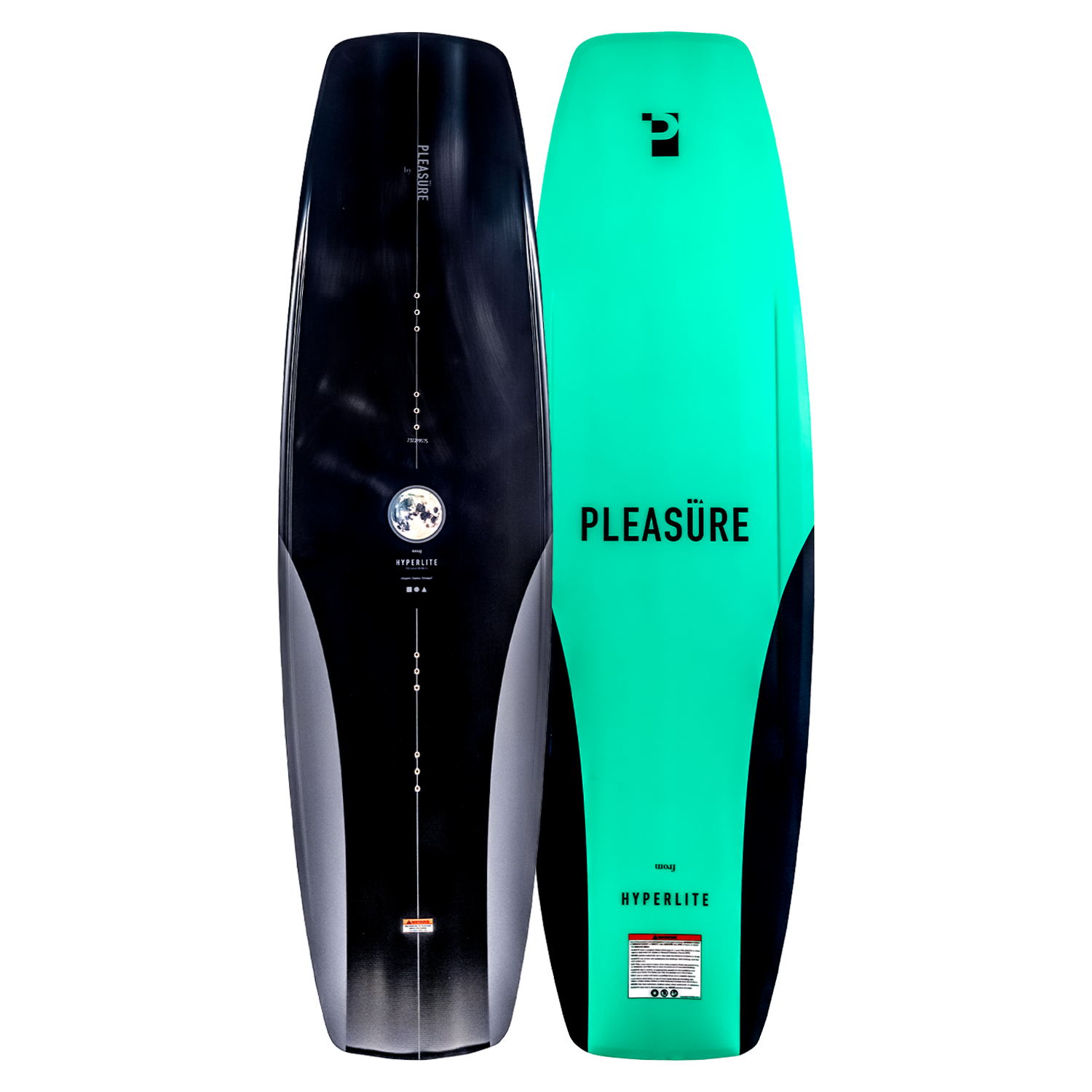 Top and base of wakeboard, both with Pleasure text and Woodlite Core, in black/gray and turquoise.