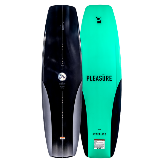 Top and base of wakeboard, both with Pleasure text and Woodlite Core, in black/gray and turquoise.