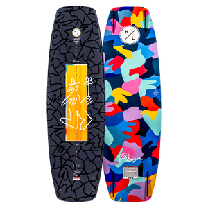 Top and base of abstract-design Prizm wakeboard with logos.