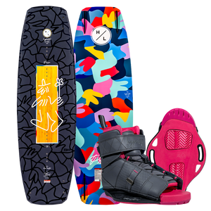 Prizm w/Viva Binding: Vivid wakeboard with subtle 3-stage rocker and gray strap boots.