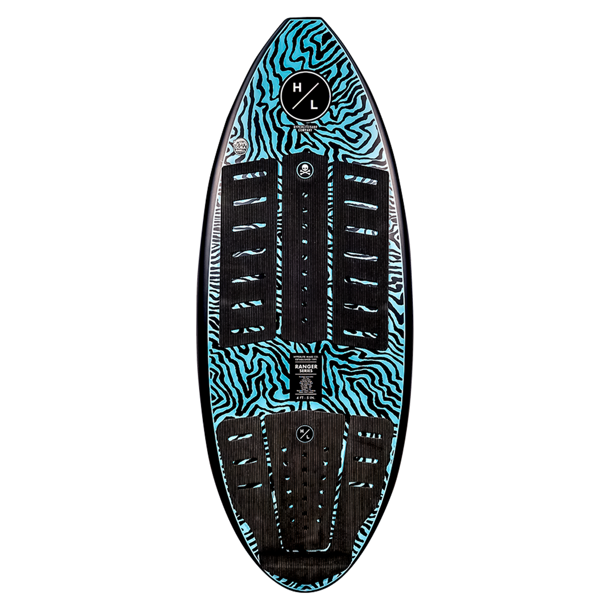 Ranger wakeboard with zebra stripes, black foot pads, logo, and DuraShell Construction.