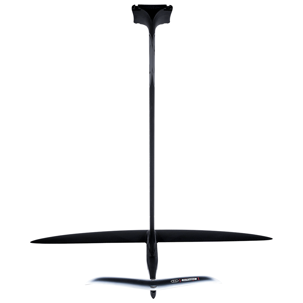 The Raptor 1100 Foil Kit has a sleek carbon fiber design with curved wings and a vertical mast.