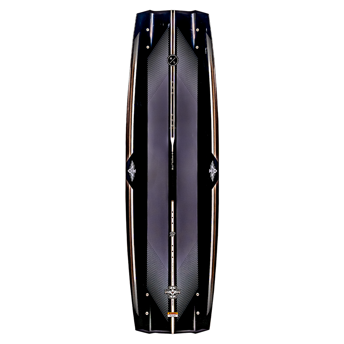 Top view of a Rusty Pro wakeboard in black and silver with stylish patterns.