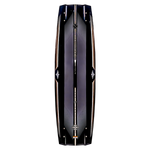Top view of a Rusty Pro wakeboard in black and silver with stylish patterns.