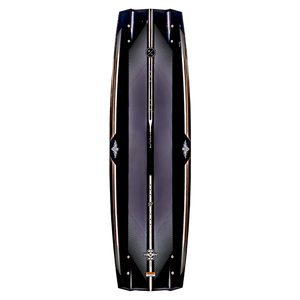 Top view of a Rusty Pro wakeboard in black and silver with stylish patterns.