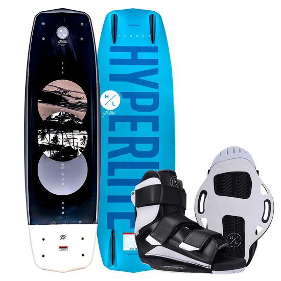Hyperlite Sender wakeboard w/Formula Bindings, blue & black with palm tree graphics.