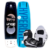 Hyperlite Sender wakeboard w/Formula Bindings, blue & black with palm tree graphics.