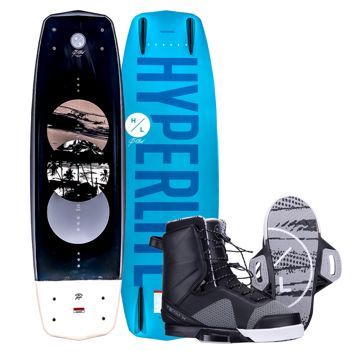 Black and blue Sender w/Team X Binding featuring palm tree graphics.