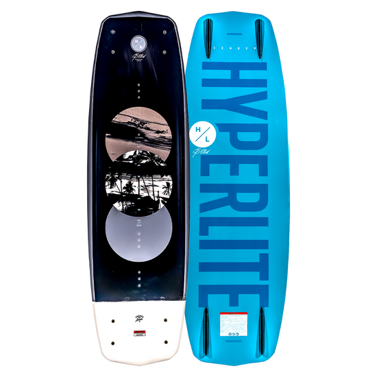 Top and base of Sender wakeboard: beach design and blue HYPERLITE, with a 3-Stage Rocker.