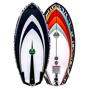 Top and base of Shim Jr. wakeboard with colorful geometric patterns, featuring EPS Core design.