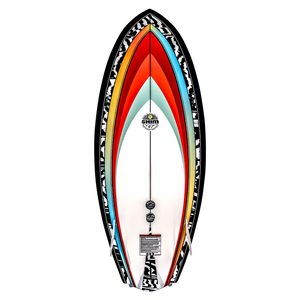 Shim wakeboard in multicolor with a bold crossover design and logo near the top.