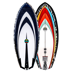 Top and base of colorful Shim wakeboard: one hexagonal, the other striped, with DuraShell.