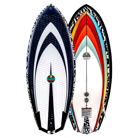 Top and base of colorful Shim wakeboard: one hexagonal, the other striped, with DuraShell.