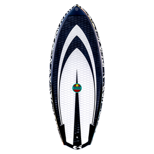 Shim wakeboard with geometric pattern, colorful logo, and DuraShell Construction.