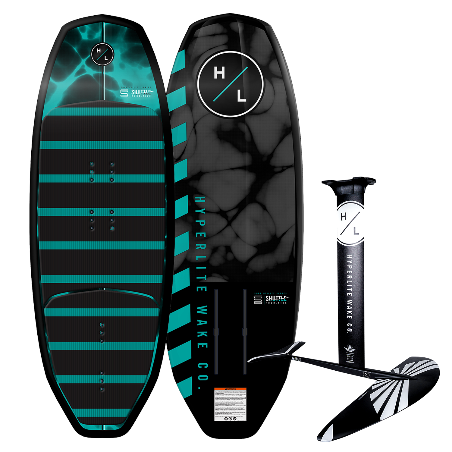 Top and base of Hyperlite Shuttle wakeboard include the Falcon Foil Kit with teal and black designs.