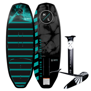 Top and base of Hyperlite Shuttle wakeboard include the Falcon Foil Kit with teal and black designs.