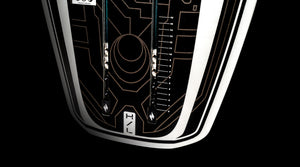 Close-up of Starship 3.4 black foil board with geometric patterns and H/L marking.