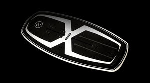 Futuristic black and white hoverboard reminiscent of a Starship 3.4.