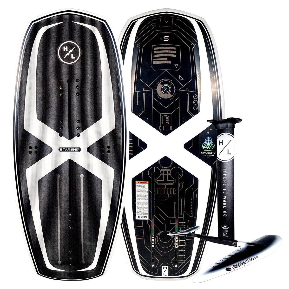 Top and base of Starship wakeboard, black with foil mount, futuristic designs, and Durashell Construction.