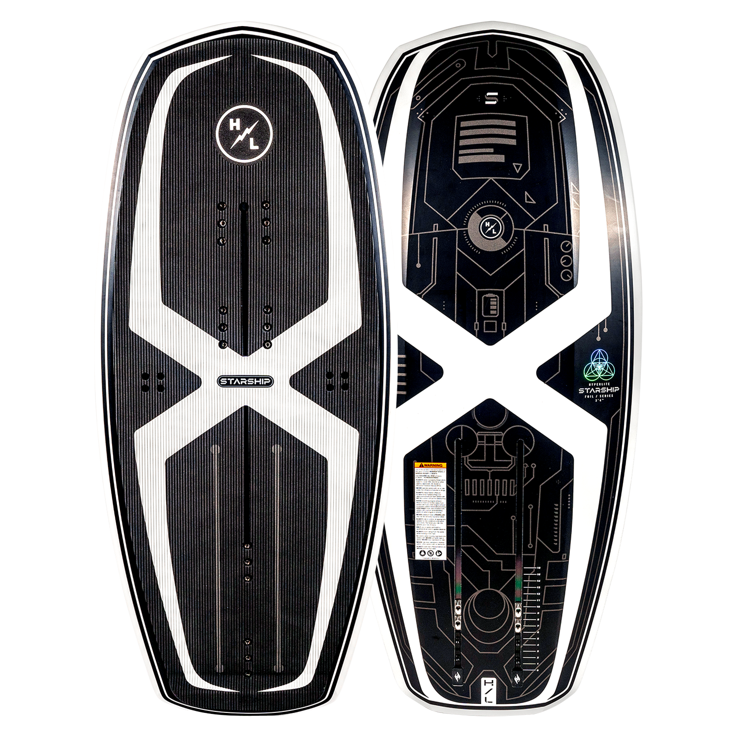Top and base of black & white Starship 3.4 wakeboard with futuristic front & back designs displayed.