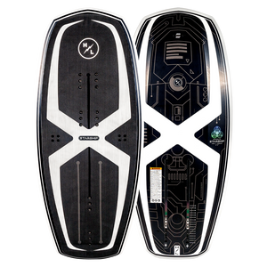 Top and base of black & white Starship 3.4 wakeboard with futuristic front & back designs displayed.