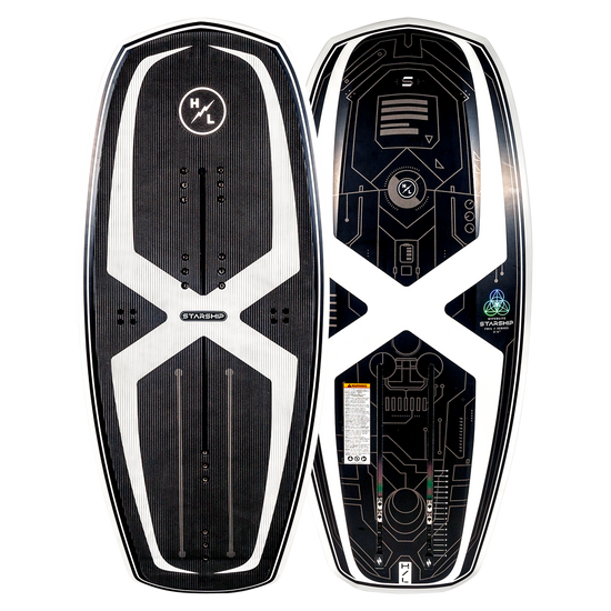 Top and base of black & white Starship 3.4 wakeboard with futuristic front & back designs displayed.
