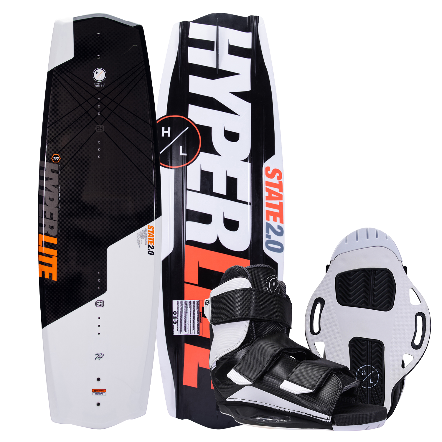 Asymmetrical design on wakeboard, bindings, and helmet branded State 2.0 w/Formula Bindings.