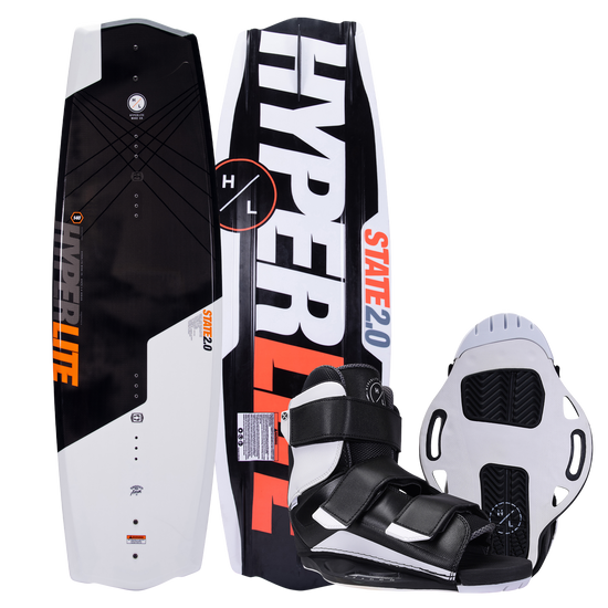Asymmetrical design on wakeboard, bindings, and helmet branded State 2.0 w/Formula Bindings.