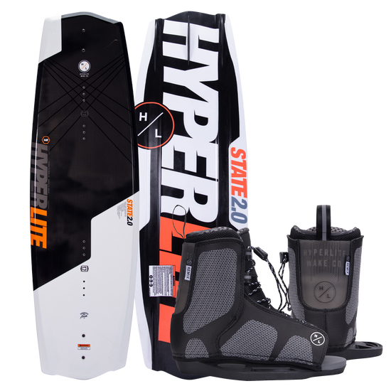 Hyperlites State Jr. wakeboard set with Kids Remix Binding in black, white, and orange.