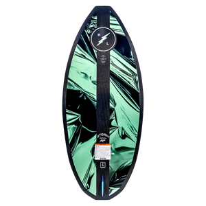 Storm wakeboard by Jodi Grassman, green/black lightning bolt design with logo.
