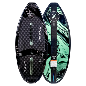 Top and base of sleek black and green Storm wakeboard with Woven Carbon design.