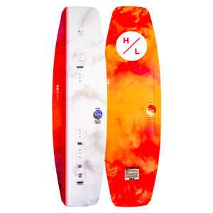 Top and base of colorful TNT wakeboard with E-Core Construction designs in red, white, and orange.