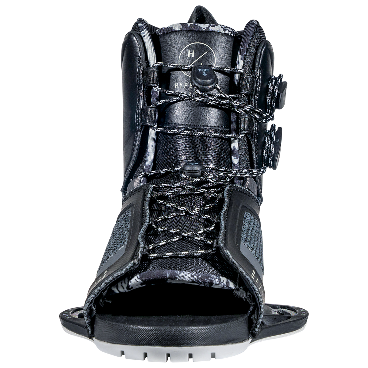 Team OT Binding in black and gray with textured details and adjustable open toe design.