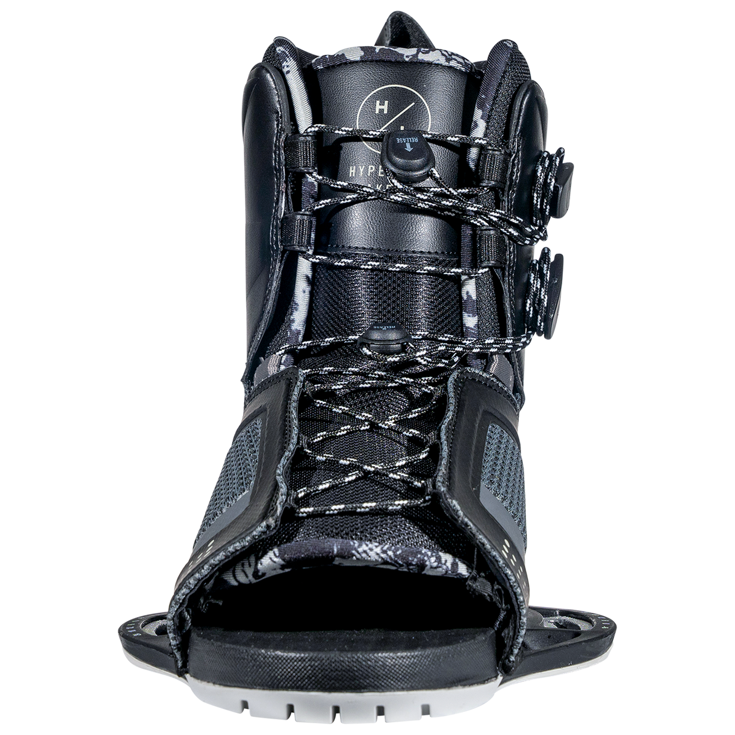 Team OT Binding in black and gray with textured details and adjustable open toe design.