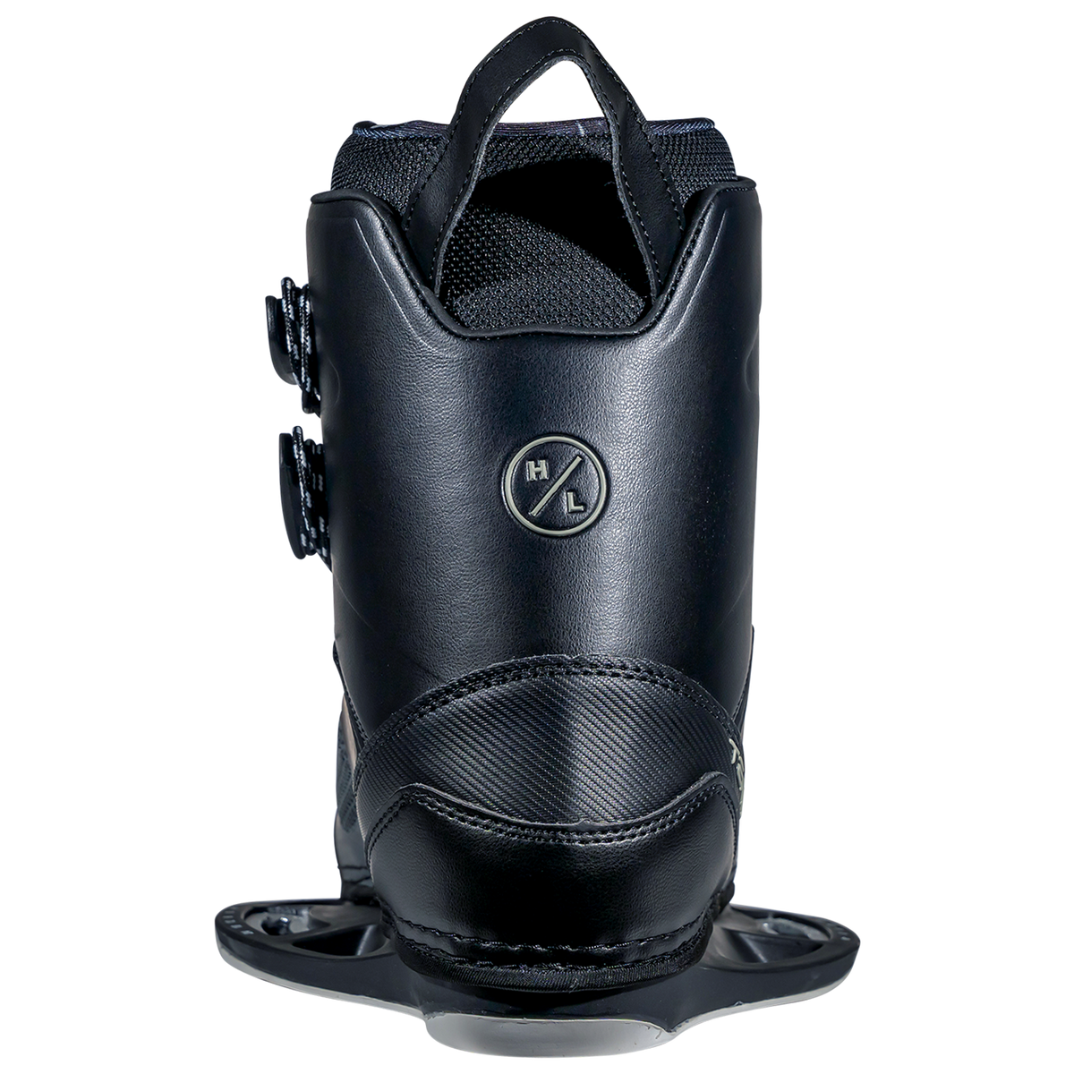 Rear view of black snow boots with adjustment dials and Team OT Binding.