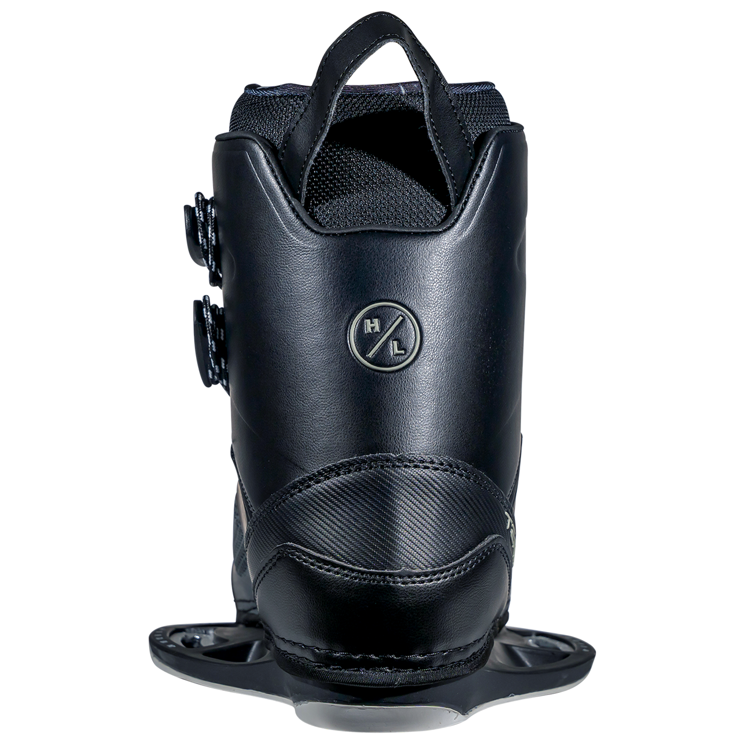 Rear view of black snow boots with adjustment dials and Team OT Binding.