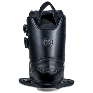 Rear view of black snow boots with adjustment dials and Team OT Binding.