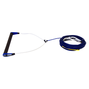 Team Rope Package: Wakeboard handle with suede grip & neatly coiled blue rope.