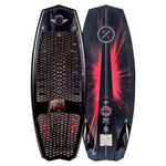 Top and base of black Time Machine wakeboard with red/white designs and Futures Fin boxes.